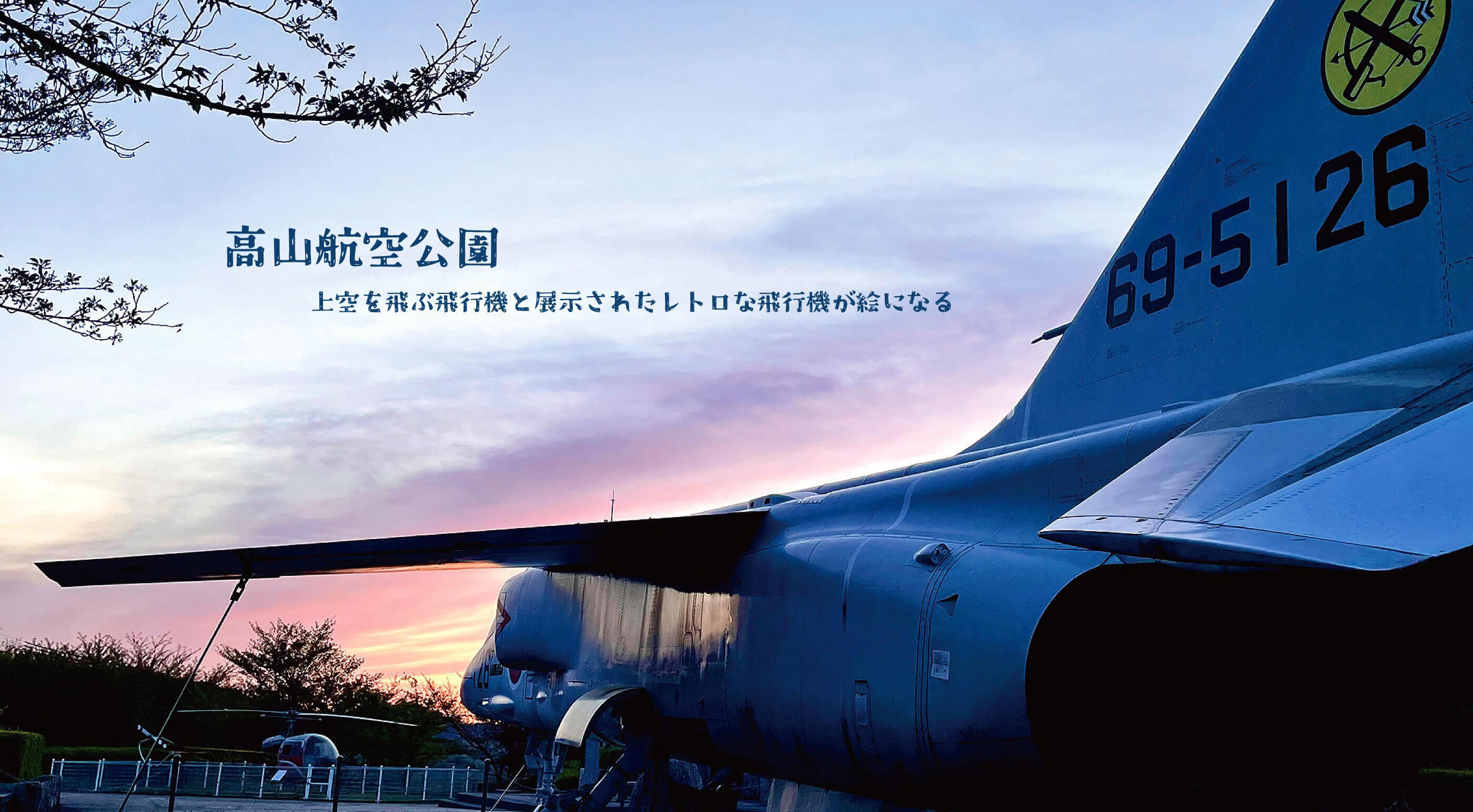 高山航空公園 上空を飛ぶ飛行機と展示されたレトロな飛行機が絵になる